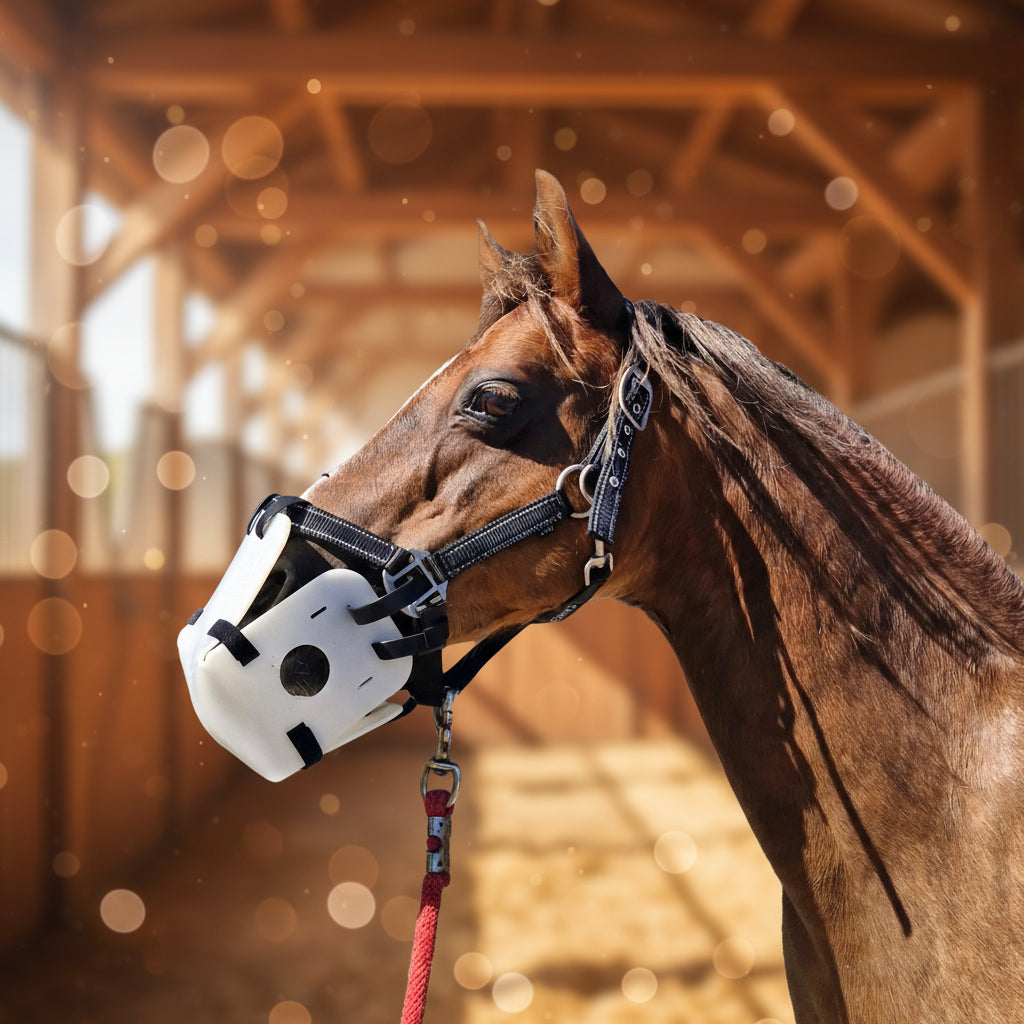 Brown horse wearing a bridle with a blue tarp in the background